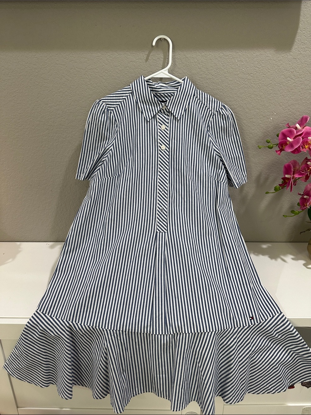 Tommy Hilfiger Navy&White Striped Nautical A-Line Shirt Dress 100% Cotton.Size 8